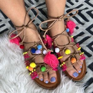 Express Pom Pom Strappy Sandals